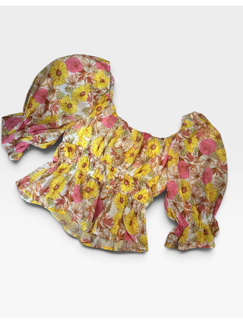 Flying Tomato Yellow & Pink Floral Smocked  Peplum Top small